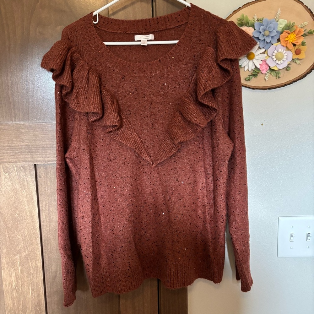 LC Lauren Conrad Women's LC Lauren Conrad Ruffle Shoulder Sweater Size XL Sequin - Picture 3 of 7